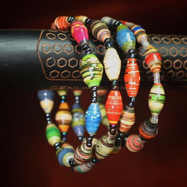 Colorful Project Lydia recycled paper bead bracelets on elastic strands